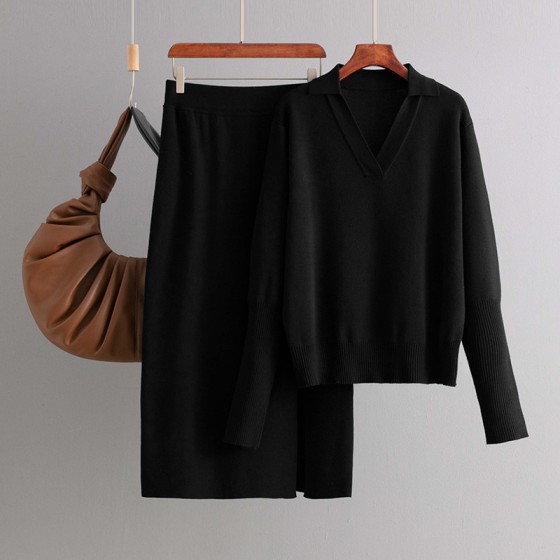 fashion suit women's 2025 autumn and winter new loose solid color collar  knitted sweater half skirt two-piece set