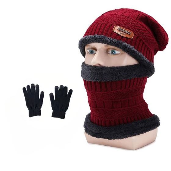 3-piece winter men's hat set, scarf, gloves, neck warmer, fleece-lined knitted hat.
