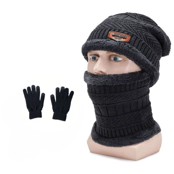 3-piece winter men's hat set, scarf, gloves, neck warmer, fleece-lined knitted hat.