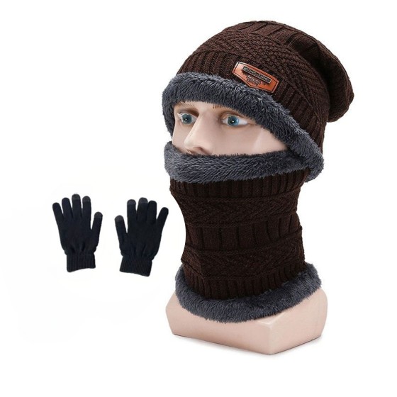 3-piece winter men's hat set, scarf, gloves, neck warmer, fleece-lined knitted hat.