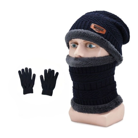 3-piece winter men's hat set, scarf, gloves, neck warmer, fleece-lined knitted hat.